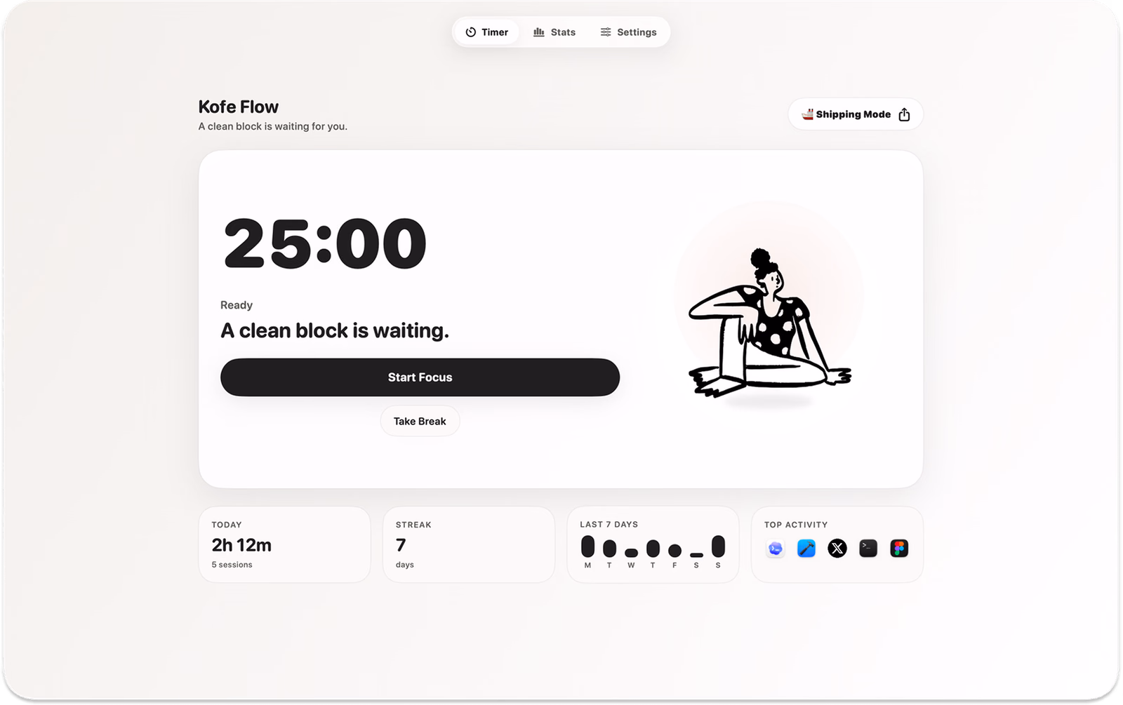 Kofe Flow’s actual Mac timer, with 25:00, Start Focus, and Take Break controls